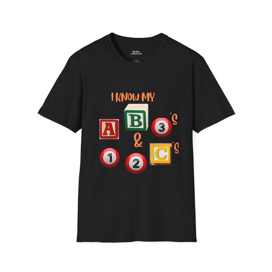 Alphabet Math Pro Black Tee Shirt, "I know my A, B, 3's & 1, 2, C's"